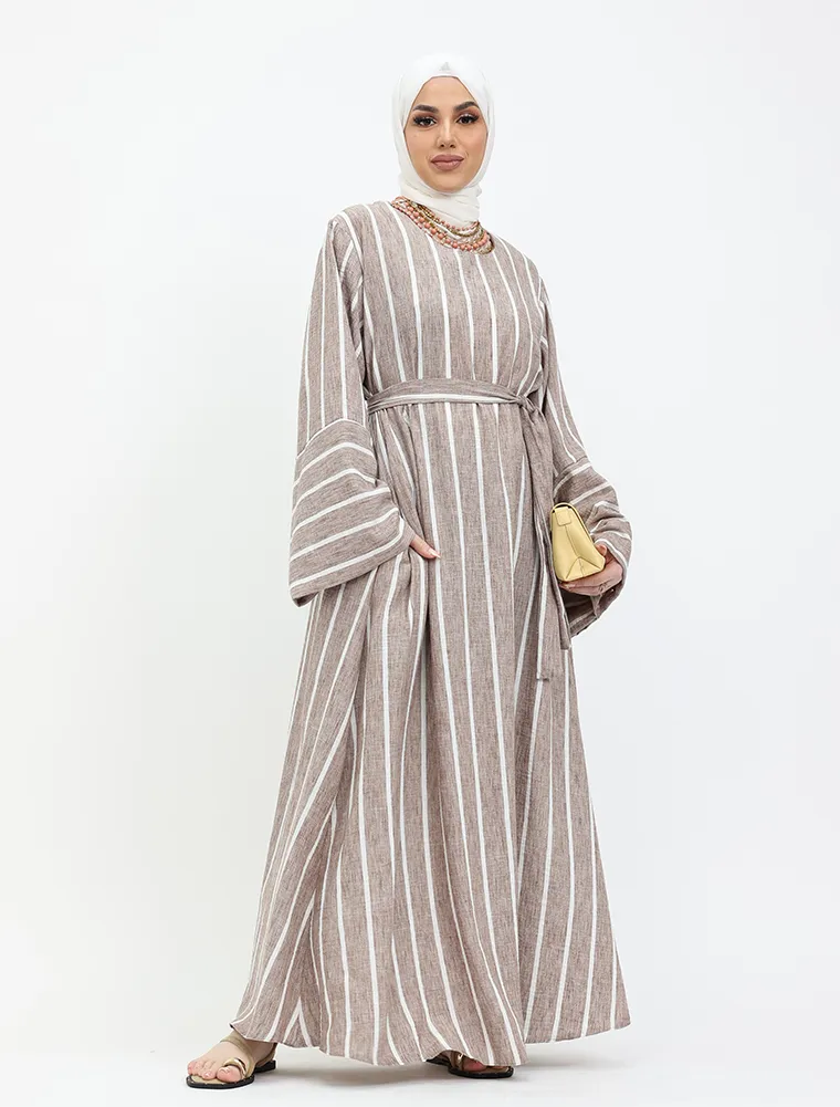 Mocha Linen Feel Striped Belted Abaya